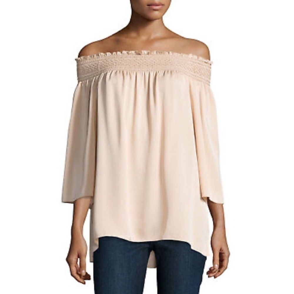 Theory Pale Pink Elistaire Modern GGT Silk Smocked Off The Shoulder Blouse Sz XS